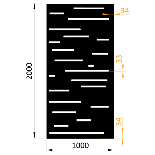Designová kovová výplň, laserem vypálený vzor 8211, rozměr 1000x2000x2,0 mm, výška výpalku 34 mm, bez povrchové úpravy